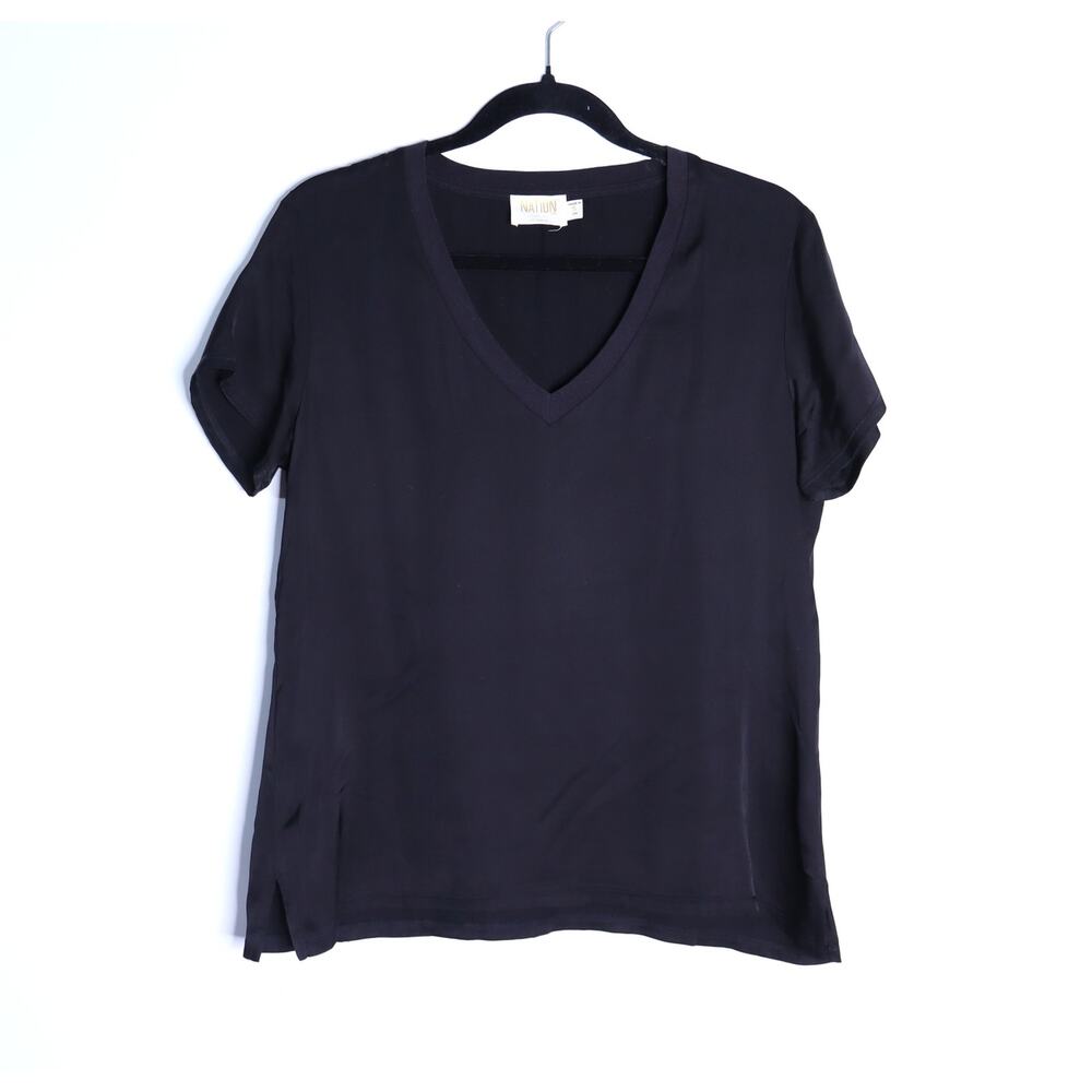 NATION LTD June V Neck Tee Black Short Sleeve Knit Top Women's S